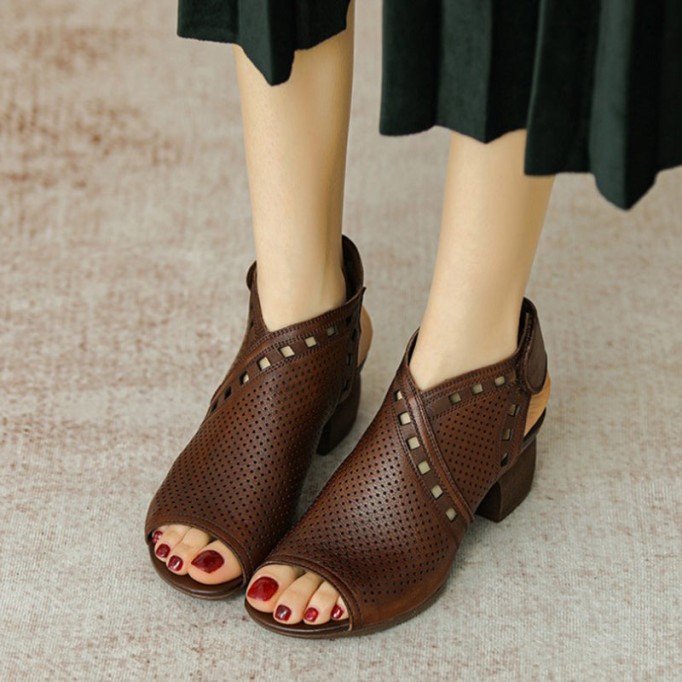 Handmade Leather Block Gladiator Sandals for Women in Brown/Beige