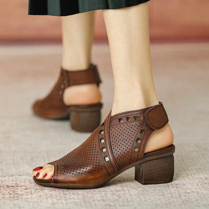 Handmade Leather Block Gladiator Sandals for Women in Brown/Beige