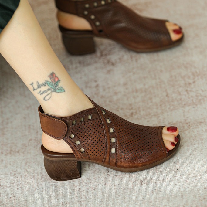 Handmade Leather Block Gladiator Sandals for Women in Brown/Beige