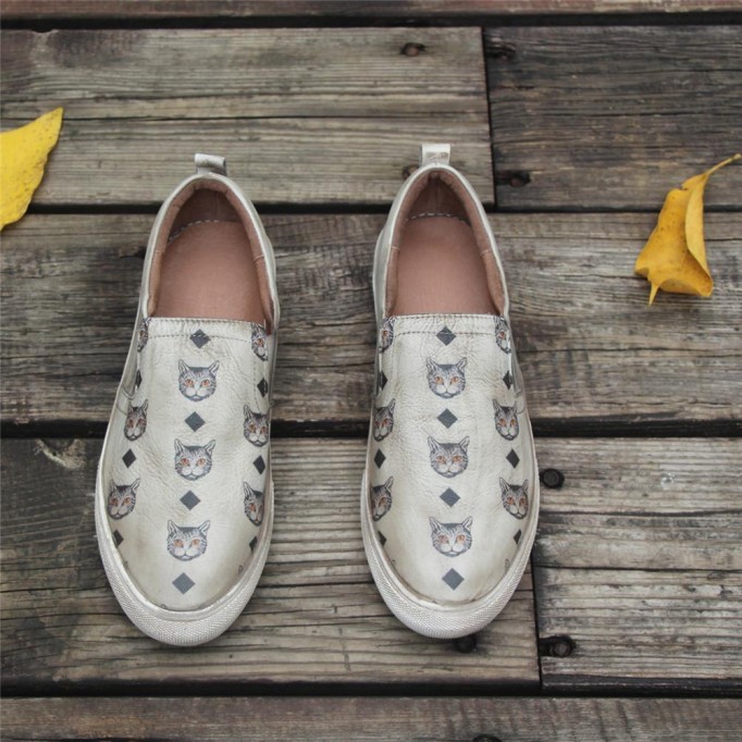 Handmade Women’S Low Top Fashion Leather Sneakers Hand-Painted Cats