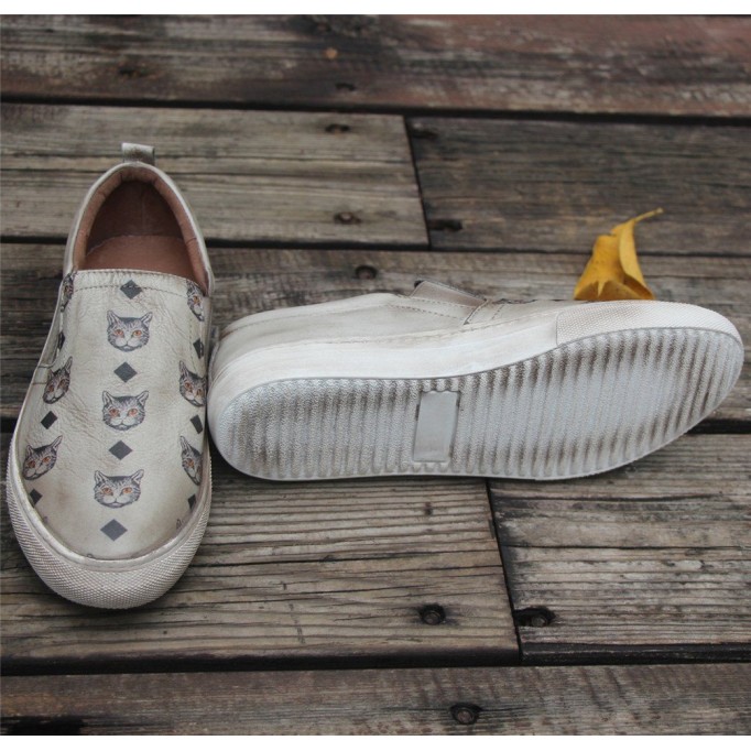 Handmade Women’S Low Top Fashion Leather Sneakers Hand-Painted Cats