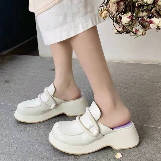 Handmade Cowhide Platform Mule Slippers Wedge Sandals White/Black/Apricot
