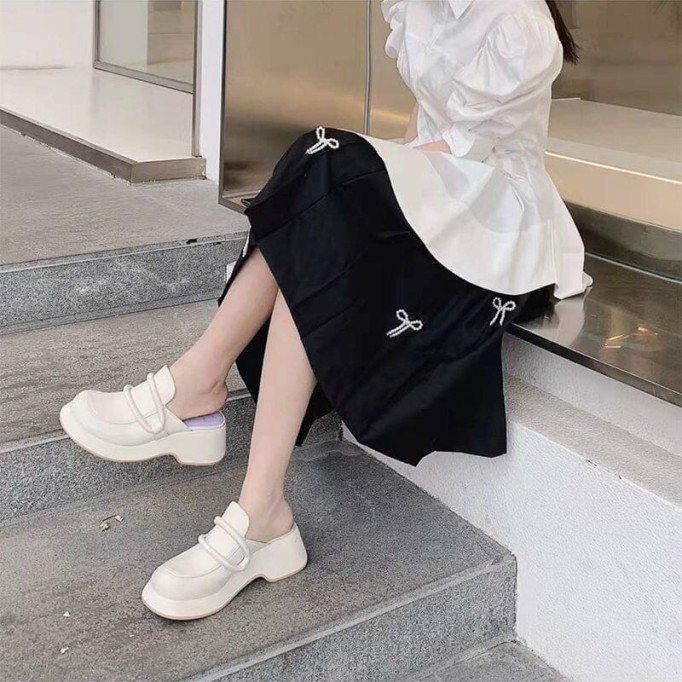 Handmade Cowhide Platform Mule Slippers Wedge Sandals White/Black/Apricot