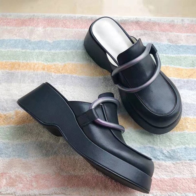 Handmade Cowhide Platform Mule Slippers Wedge Sandals White/Black/Apricot