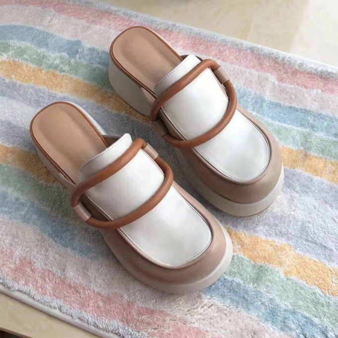 Handmade Cowhide Platform Mule Slippers Wedge Sandals White/Black/Apricot