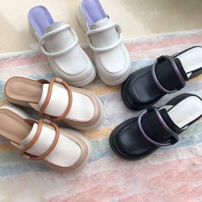 Handmade Cowhide Platform Mule Slippers Wedge Sandals White/Black/Apricot