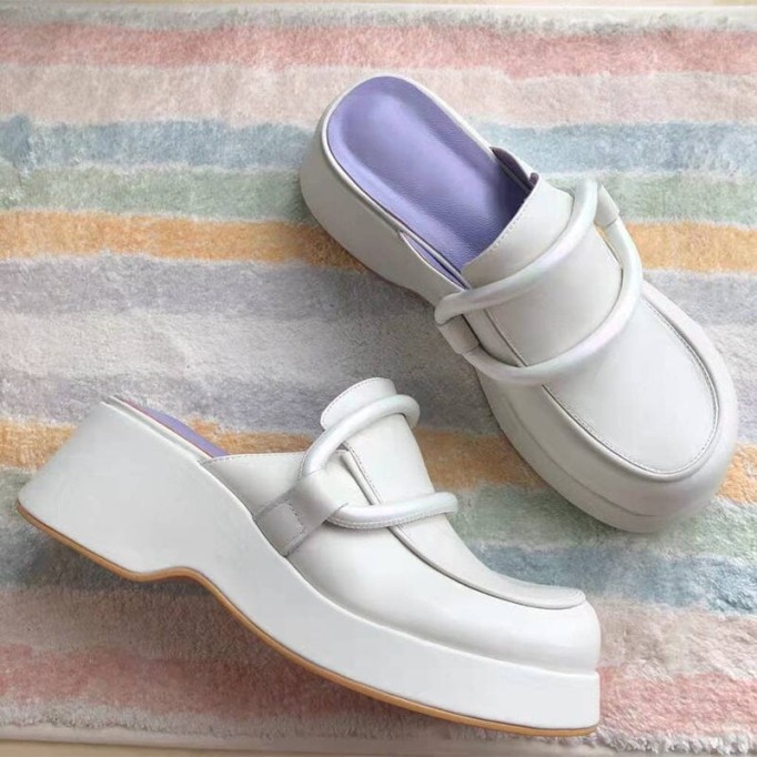 Handmade Cowhide Platform Mule Slippers Wedge Sandals White/Black/Apricot