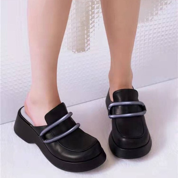 Handmade Cowhide Platform Mule Slippers Wedge Sandals White/Black/Apricot