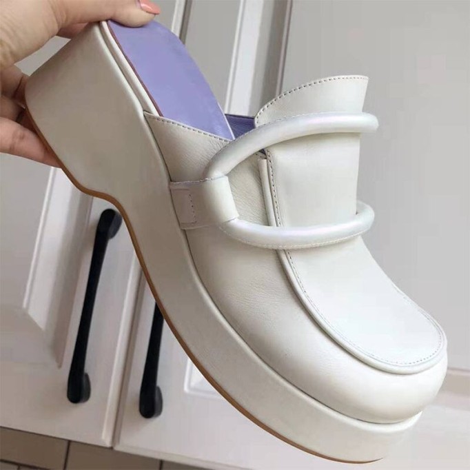 Handmade Cowhide Platform Mule Slippers Wedge Sandals White/Black/Apricot