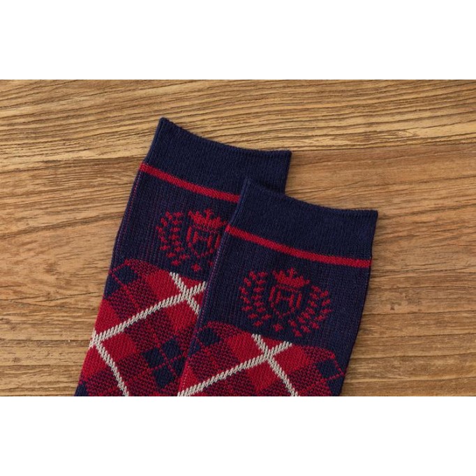 Dark Red Grid Retro Cotton Stockings Calf Length Christmas Gifts Series 4 Pairs