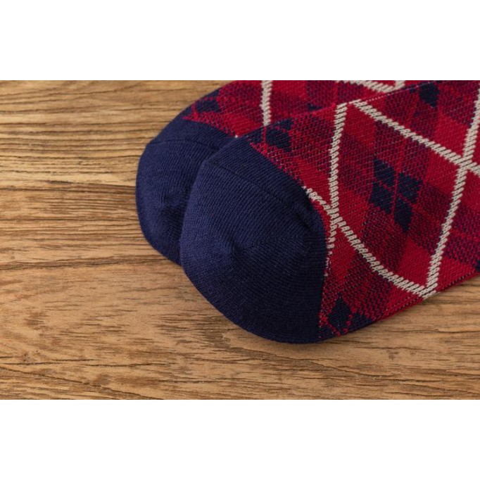 Dark Red Grid Retro Cotton Stockings Calf Length Christmas Gifts Series 4 Pairs