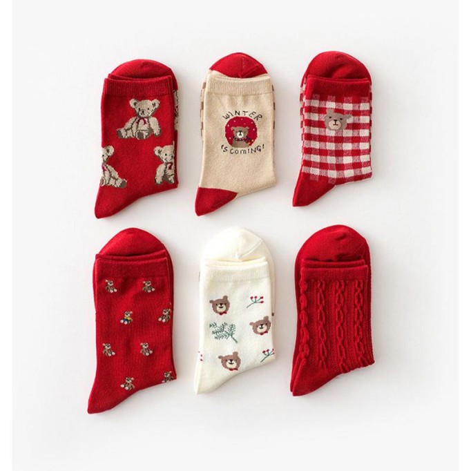 Red Bear Retro Cotton Stockings Calf Length Christmas Gifts Series 6 Pairs