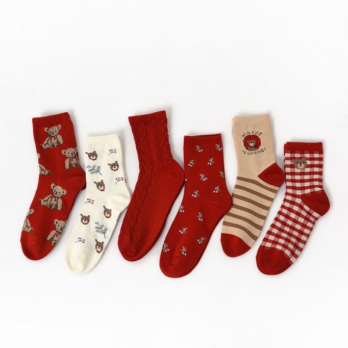 Red Bear Retro Cotton Stockings Calf Length Christmas Gifts Series 6 Pairs