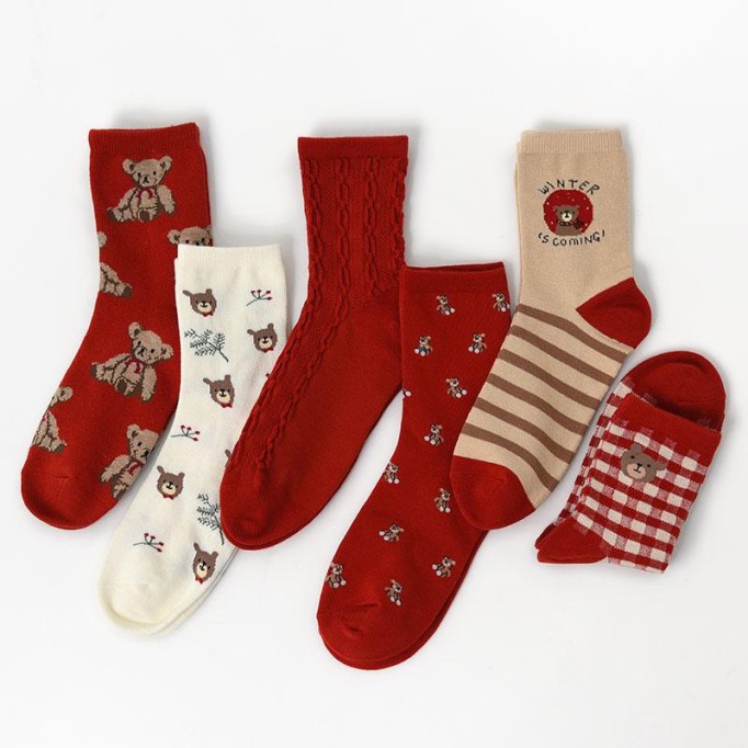Red Bear Retro Cotton Stockings Calf Length Christmas Gifts Series 6 Pairs