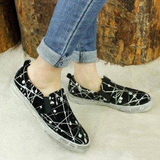 Women'S Wide Width Sneakers Leather Hand-Printing Round Toe Casual Slip On Flaty Shoes