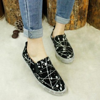 Women'S Wide Width Sneakers Leather Hand-Printing Round Toe Casual Slip On Flaty Shoes
