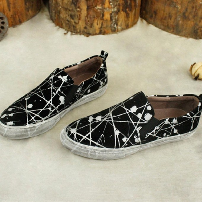 Women'S Wide Width Sneakers Leather Hand-Printing Round Toe Casual Slip On Flaty Shoes