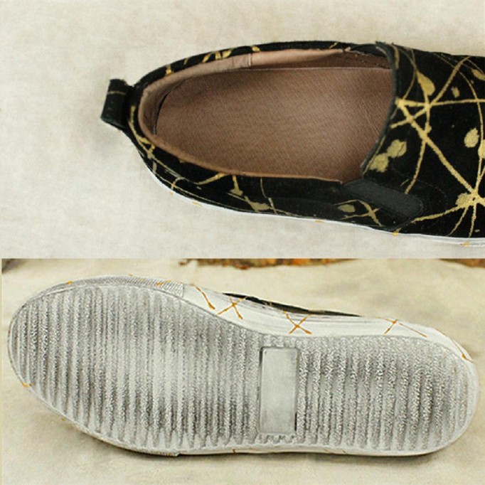 Women'S Wide Width Sneakers Leather Hand-Printing Round Toe Casual Slip On Flaty Shoes