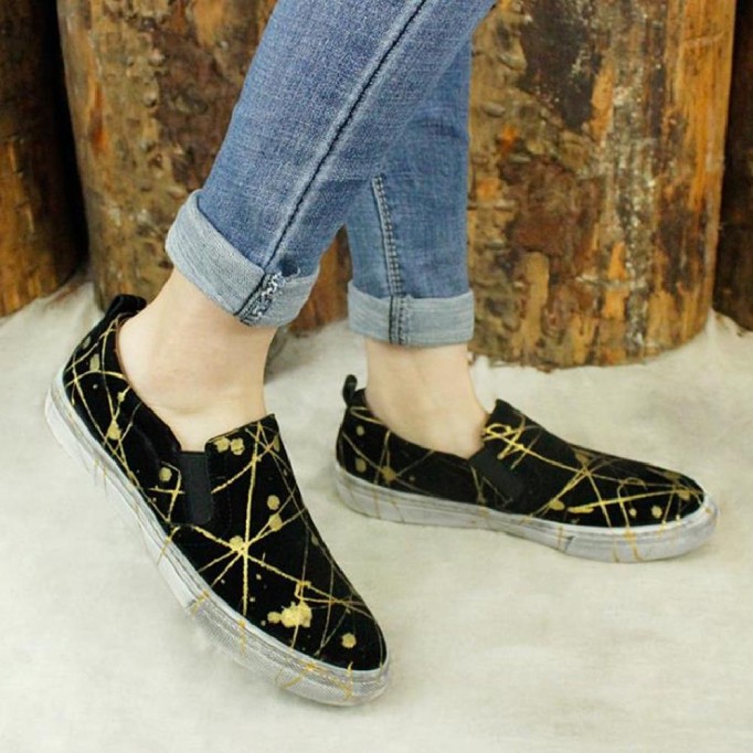 Women'S Wide Width Sneakers Leather Hand-Printing Round Toe Casual Slip On Flaty Shoes