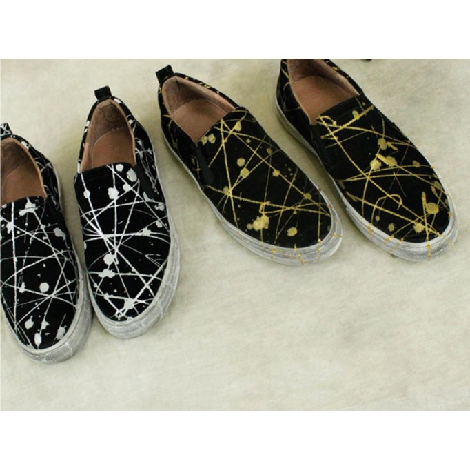 Women'S Wide Width Sneakers Leather Hand-Printing Round Toe Casual Slip On Flaty Shoes