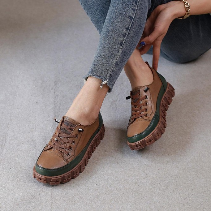 2021 Designer Shoes Oxford Lace Up Shoes Color Block Mori Girl Handmade Leather Shoes Brown/Coffee