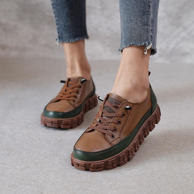 2021 Designer Shoes Oxford Lace Up Shoes Color Block Mori Girl Handmade Leather Shoes Brown/Coffee