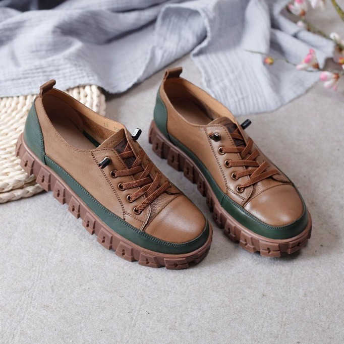 2021 Designer Shoes Oxford Lace Up Shoes Color Block Mori Girl Handmade Leather Shoes Brown/Coffee