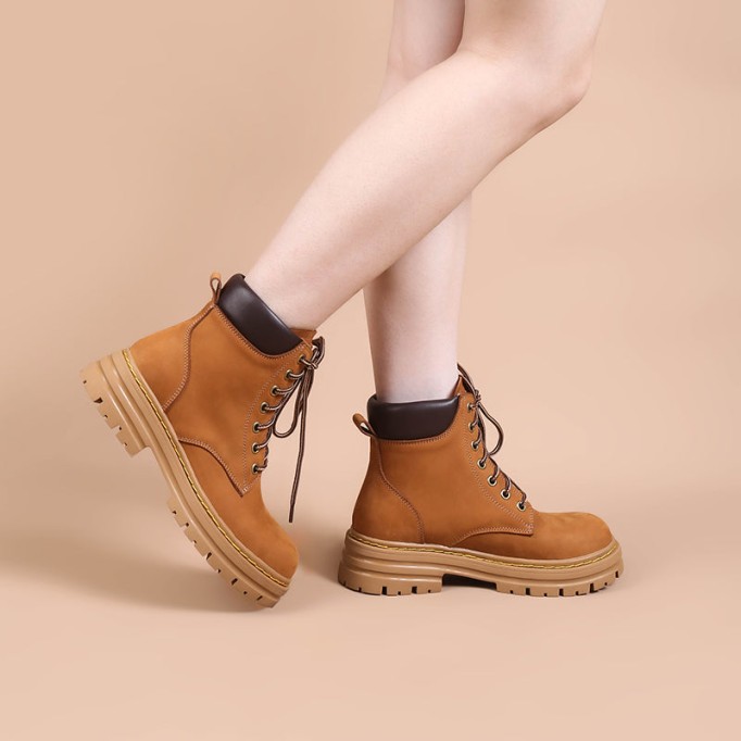 Women's Handmade High Lace-up Boot in Nubuck Calfskin Waterproof Platform Boots
